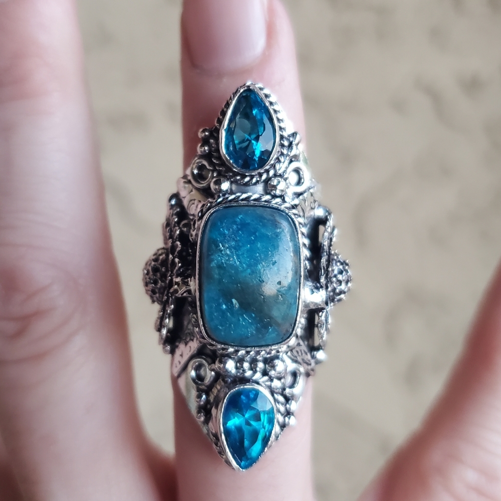 New Neon Blue Apatite & Blue Topaz 925 Silver Statement Ring.
